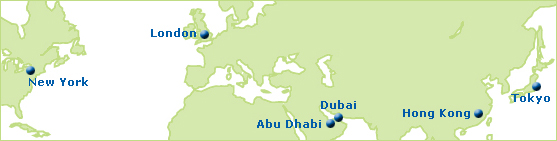 map showing New York, London, Paris, Dubai, Hong Kong, Tokyo